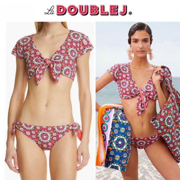 LA DOUBLEJ Tie Front Short Sleeve Swim Top & Bow Brief sz XS 425$ - Picture 1 of 13